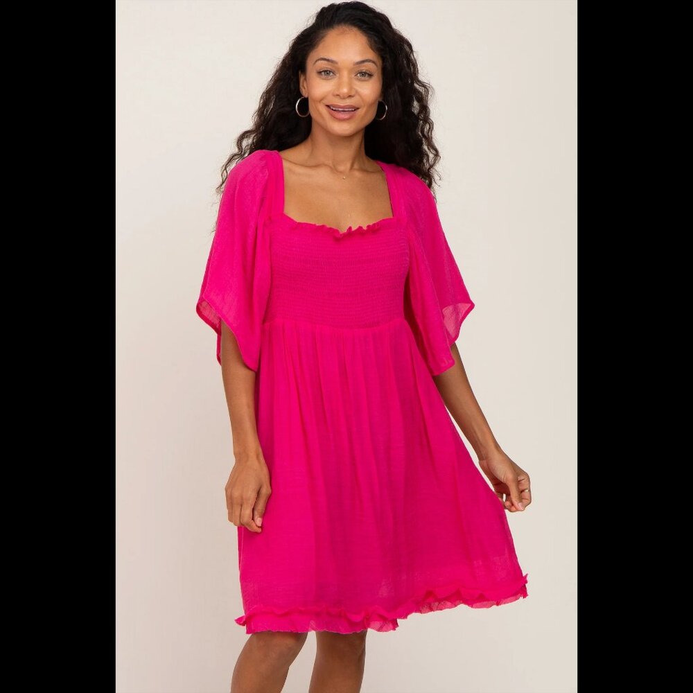 Beautiful Fuchsia Smocked Short Sleeve Dress by Ungee Size Large
